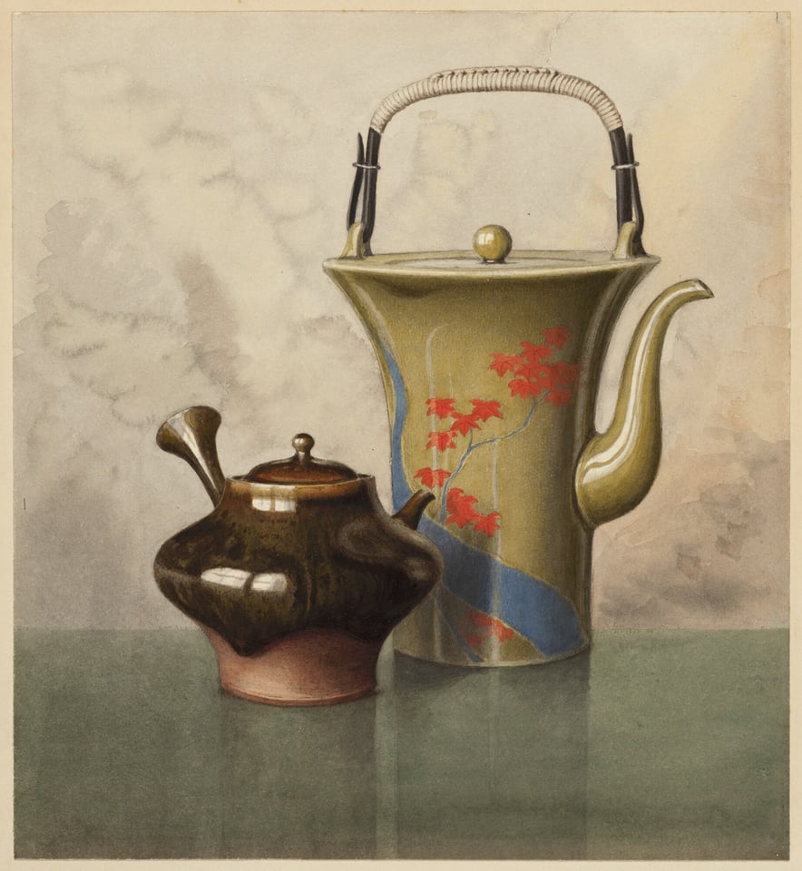 There are two teapots in the image. The larger teapot has a decorative pattern of red leaves and blue curve on an olive-green background, with a white handle. The smaller teapot has a dark brown glossy finish. The color palette consists of earthy tones like browns, olive green, red, and blue. The larger teapot is positioned slightly to the right, behind the smaller one, which is in the foreground on a reflective green surface. The background has a light beige appearance.