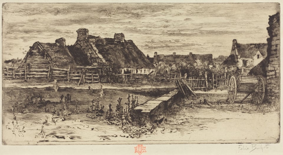 The image depicts a rustic village scene featuring thatched-roof cottages, wooden fences, and a low horizon with rooftops and chimneys. The etching showcases detailed brushstrokes capturing various textures, with a monochromatic sepia color palette. A stone or wooden wall leads into the scene, alongside grassy vegetation. The cottages create a sense of enclosure, with trees and other structures in the background. A cart is placed near the wall.