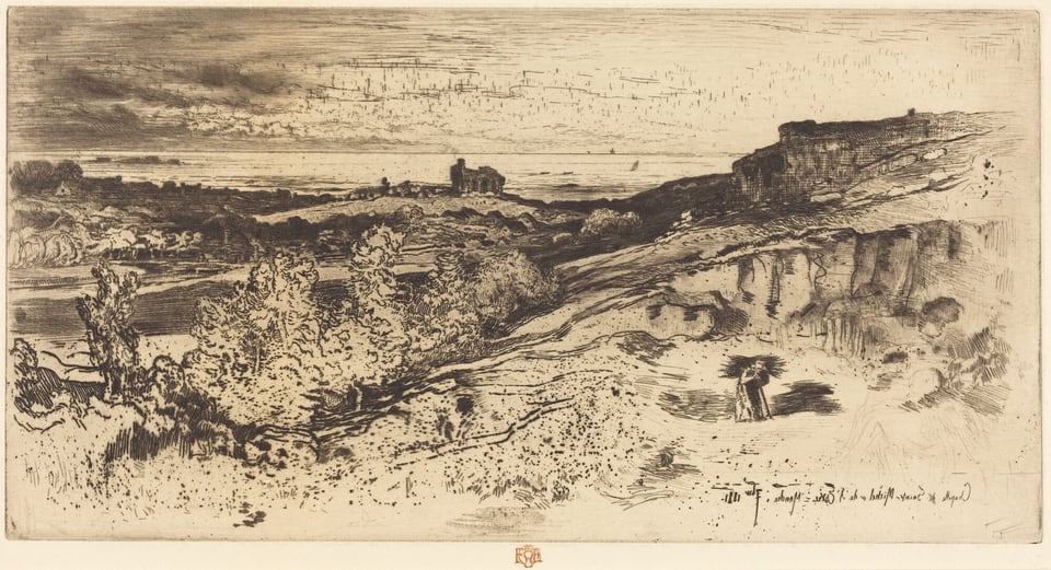 The image shows an elevated view of a landscape with detailed line work in warm sepia tones. The horizon is located near the top, with a cluster of structures visible in the distance. Close to us, there is textured shrubbery, and the ground is marked with dots and lines. Rolling hills and flat areas lead towards the horizon, where the sky is depicted with horizontal lines and hatchings.