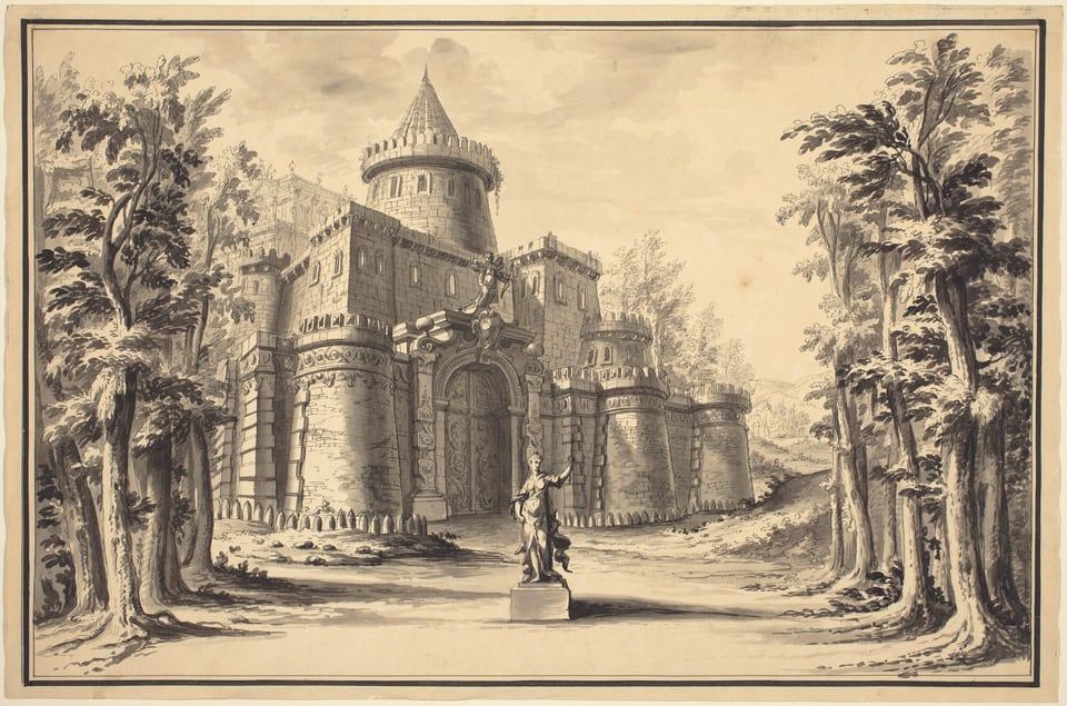 The image shows a castle with a circular tower, a statue positioned on a pedestal on a path leading to the castle entrance. Tall trees flank the path, forming a natural archway. The castle walls have fortified turrets and an ornate gateway with intricate stonework and carvings. In the background, there are more trees and faint outlines of hills. The scene is in a monochromatic sepia tone, emphasizing depth and detail with subtle shading variations.