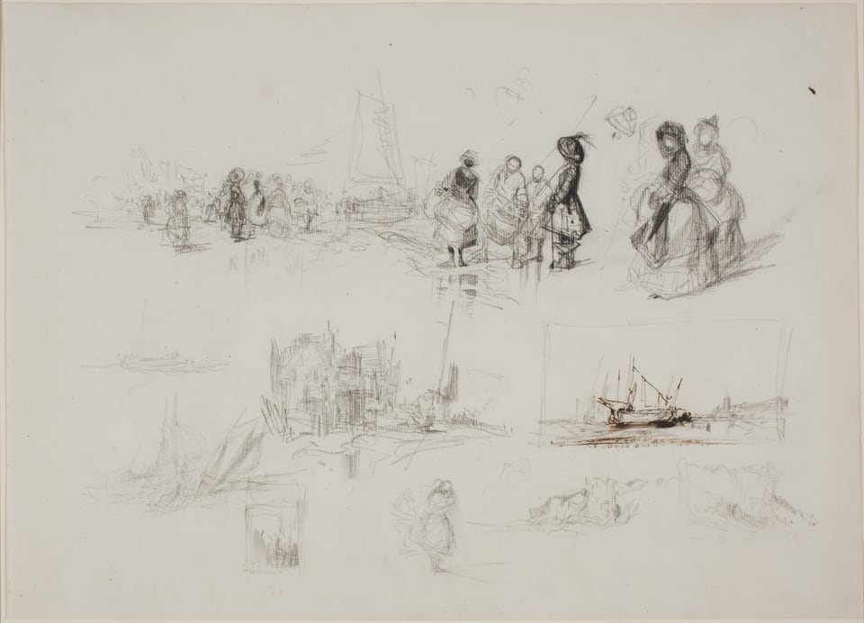 This image is a pencil sketch on paper with a monochrome palette of graphite gray. The viewer sees various scenes without a defined horizon line. The upper section shows figures in period clothing, possibly mid-19th century women's fashion. The middle area has abstract architectural forms. In the lower right corner, a sailing ship or boat is sketched with more detail than the rest. The drawing style consists of quick, expressive strokes. The image conveys multiple narrative or compositional ideas on a single sheet.