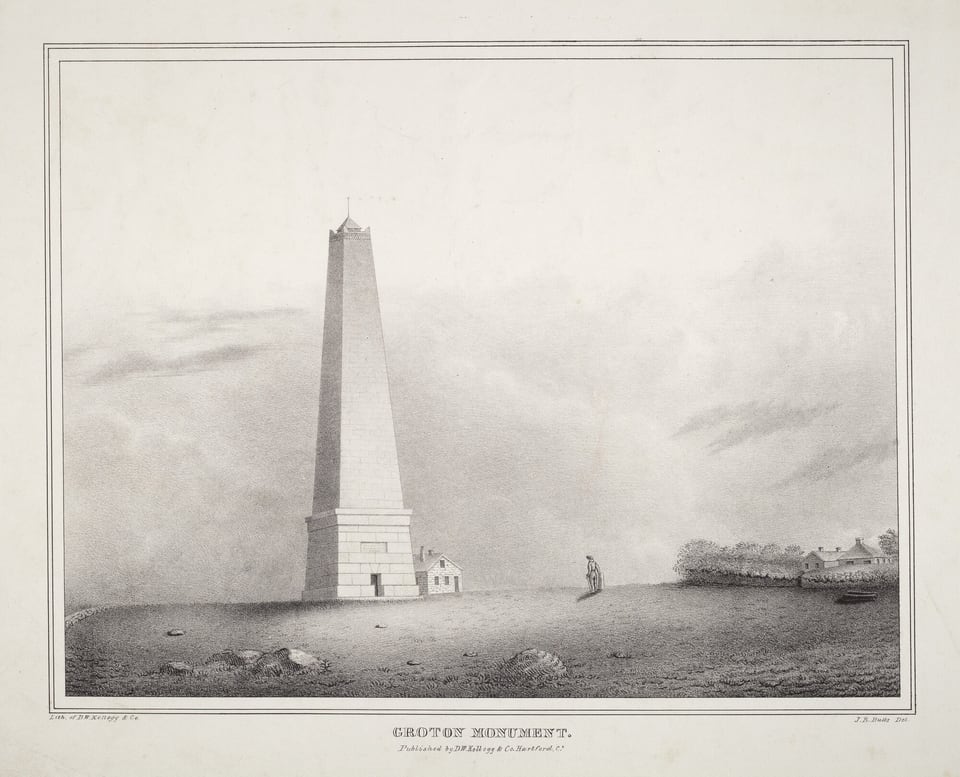 The image shows a scene from a slightly elevated point of view. The horizon is low, highlighting the vast sky above. On the right, there are buildings surrounded by trees. In the center, there is a tall monument with a small structure at its base, slightly to the left. To the right of the monument, a person is standing. The drawing features detailed linework and delicate shading for the sky. The color palette is monochromatic with shades of gray. Rocks and grass in the foreground lead towards the monument and buildings in the distance.