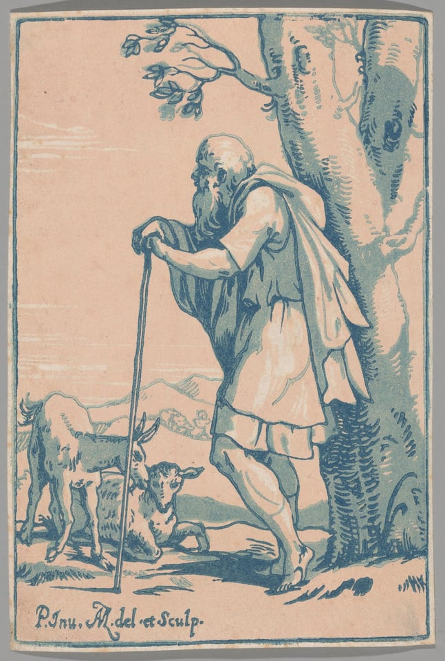 A work made of chiaroscuro woodcut, from three blocks in pink, dark blue, and light blue, on cream laid paper.