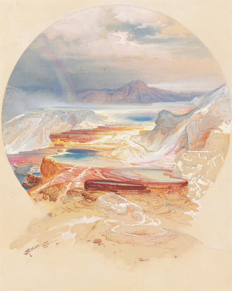 This painting shows a view looking out over a vast landscape. Most of the painting is circular, with a small part of the bottom bleeding out of the circle towards us. The top third of the circle shows a mountain range with a large purple peak in the distance. In front of the mountain is a faint rainbow. A body of water flows from in front of the mountain to the bottom of the painting, weaving in between shorter white peaks. Towards the bottom, the water appears to flow into small, layered pools of various bright colors including yellow, orange, red, pink, blue, and teal. The sky is a light blue-gray color. The background of the painting outside of the circle is plain paper.
