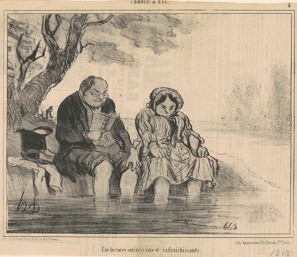 The image shows two individuals seated outdoors near a body of water with their feet submerged. Both individuals are seen from head to toe. The person on the left is seated with a slightly hunched posture, reading a document or a book. They have a balding head, wear glasses, a dark suit with the coat draped over their knees, and a top hat placed on the ground. The individual on the right is sitting upright with a scarf over their hair. They wear a long dress with a shawl, and their hands rest on their lap. The background features a bare tree and a rough, sketched environment. The sky and landscape are depicted in shades of light and dark.