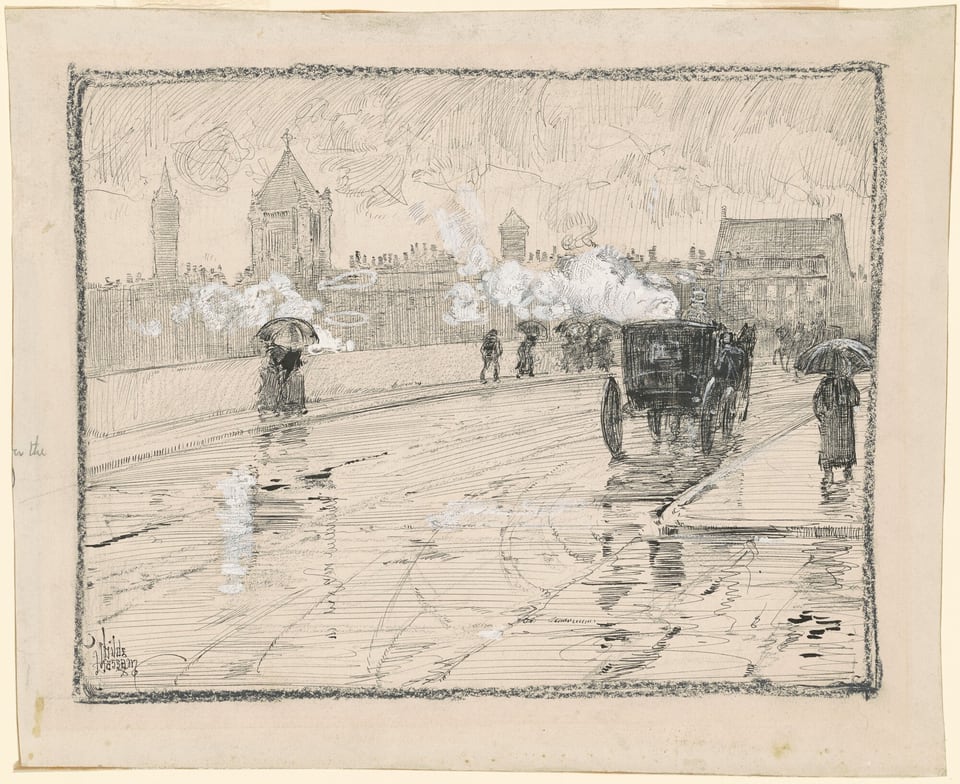 The image shows a street scene from an elevated viewpoint. A horse-drawn carriage is seen moving on a wet road, reflecting light. Pedestrians with umbrellas populate the avenue. The road is visibly marked with rainwater. The skyline displays detailed architectural features like church spires and towers. The painting is done in fine, linear brushstrokes highlighting movement and atmosphere. The grayscale palette emphasizes the rainy urban setting. Wisps of steam or smoke are visible. The intricate line work and shading depict a textured, busy street under an overcast sky.