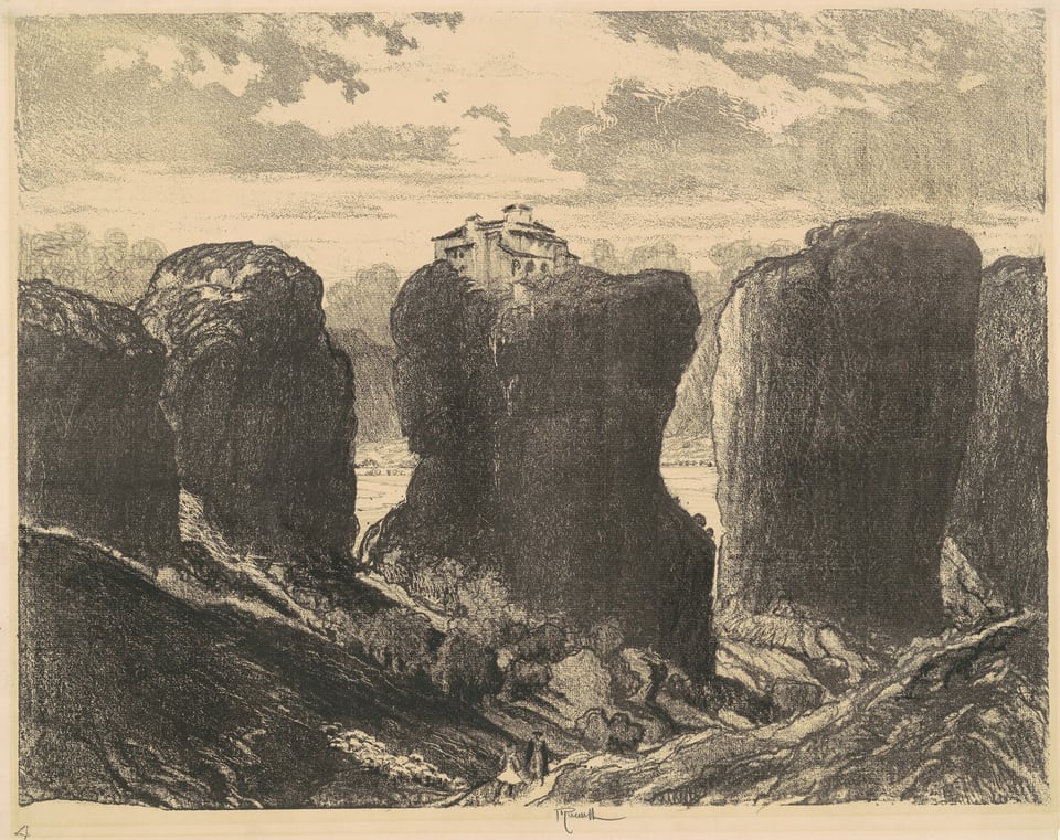 The image depicts a landscape with towering rock formations dominating the scene. The ground is rugged and textured, leading the eye towards the rock pillars in the center. A structure or building is perched atop one of these rocks. The background shows the horizon above the structure, with clouds and sky stretching out beyond. The artwork features detailed brushstrokes adding texture to the rocks. The color palette is monochromatic with varying shades of charcoal or ink, emphasizing the contrast between the rocks and the sky.