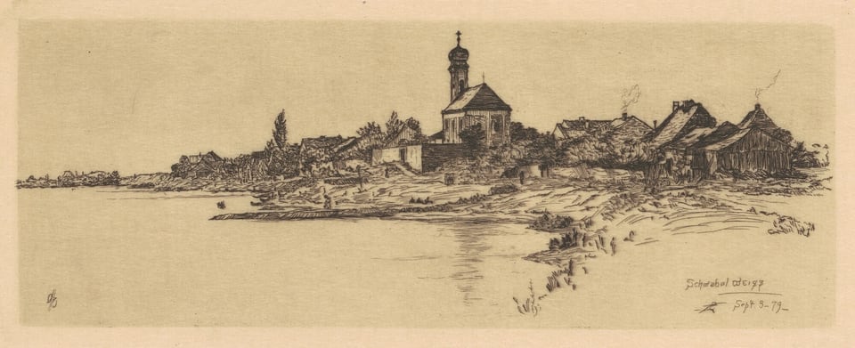 The image shows a village scene viewed from a low vantage point near a water's edge. A row of small, closely packed buildings and a church with an onion-shaped dome are prominently featured. There are gentle slopes leading towards the structures. The image uses fine, detailed line work to depict texture and depth in the buildings and natural landscape. The lines are delicate and varied, creating a sense of detail and softness. The color palette is monochromatic, with dark ink on a pale background, resulting in a classic and timeless feel.