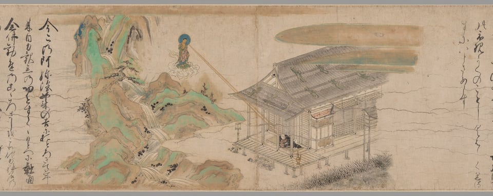Long painted scroll, green, brown mountains, wooden house, Amida Buddha on cloud.