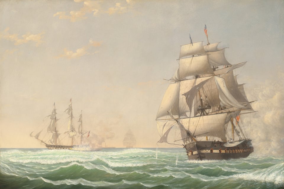 This painting shows a maritime landscape with an expansive view of the ocean and sky. The horizon is positioned in the lower third of the composition, meeting a clear sky with soft, diffused clouds. Two ships appear to be engaged in a conflict on the green, wave-filled water. One large sailing ship with fully extended sails is near the bottom right corner of the painting. It has two tall masts and multiple white sails, and it flies the flag of the U.S.A in several places. The body of this ship is gray with a wide white stripe, and cannons stick out of small holes across the ship. Small people climb on ropes up into the sails, which are covered in small white and gray dots, perhaps indicating holes. Another ship is visible in the distance on the left side of the painting, and its cannons appear to be firing, with bursts of yellow flame and smoke drifting across the water. This ship flies several flags in shades of red, blue, and white. In the background, the faint gray silhouettes of other ships can be seen across the water. The ocean is depicted with smooth brushstrokes in shades of green and white, and the wide sky is a gradient, with light blue at the top and pale yellow towards the horizon. Faint white clouds drift in the top left corner of the painting.