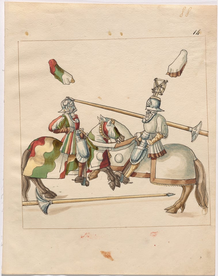 This is a drawing of two armored knights on horseback during a joust. It depicts two horses with riders clad in full armor, including helmets with decorative details. Each knight holds a lance, poised as if they are about to engage in a jousting match. The horses are also adorned in armor, with a colorful caparison draped over them. On the ground, there are lances and a halberd seen in the foreground. There are also disembodied arms and hands illustrated in the composition, adding an abstract element. The style is illustrative, capturing the medieval theme of chivalric tournaments.