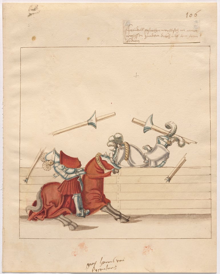 This is a drawing of two armored figures on horseback engaged in a joust. Both knights are clad in ornate armor and mounted on horses as they participate in the match. The scene captures the moment of impact, with splintered lances flying in the air. One knight in silver armor with blue accents is being unseated from his horse, while the other knight in red and silver armor remains mounted. Both horses are draped in colors matching their riders' armors. The focus is on the dynamic action and energy of the joust, with fine details showing the armor's shine and the movement of the horses. The drawing is bordered, and there is some script at the top and bottom.