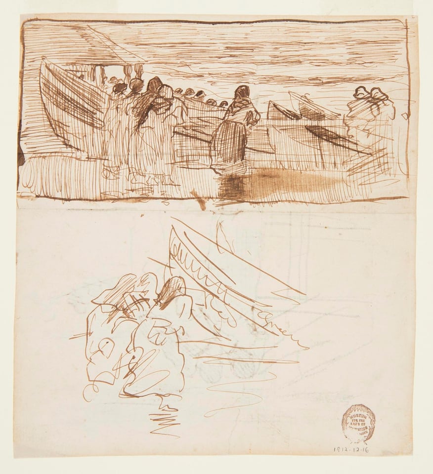 TWO STUDIES OF WOMEN STANDING BEHIND RAILING, LOOKING AT THE LAUNCHING OF DORIES, CULLERCOATS, ENGLAND