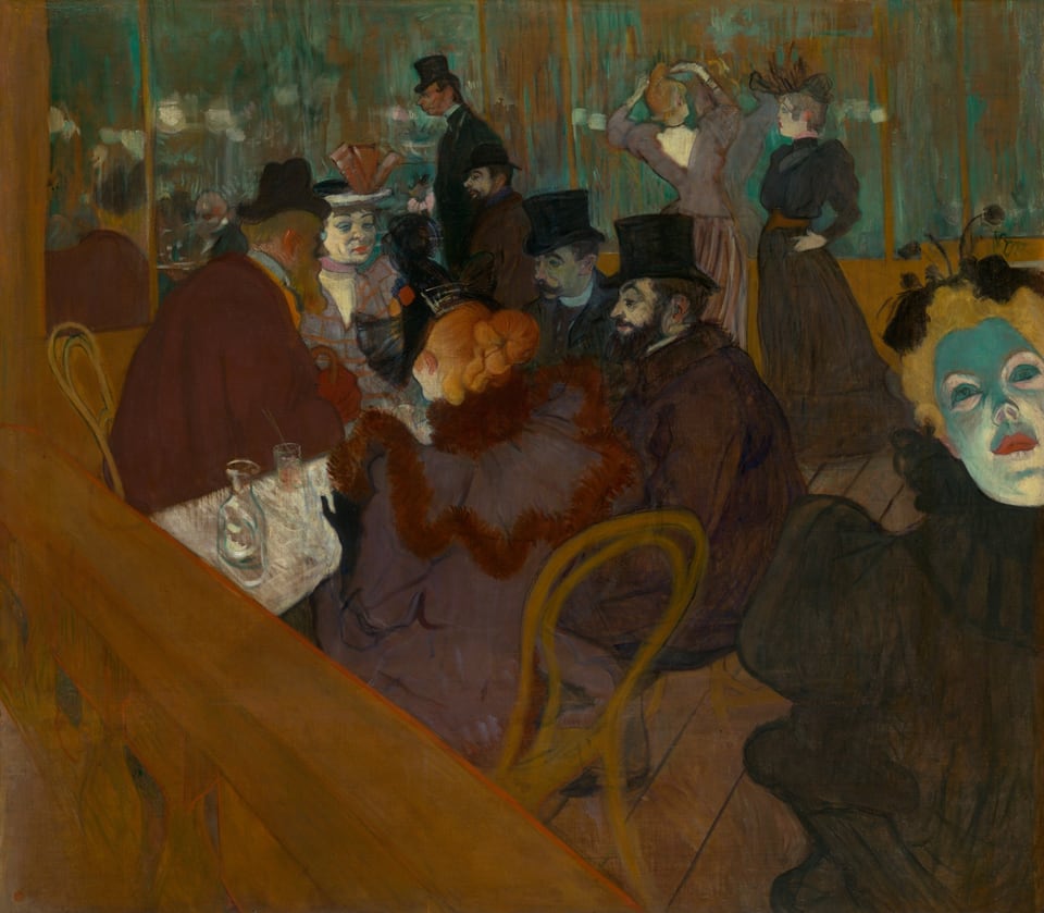 Painting, heavy in tones of blue-green and burnt orange, depicting a bar scene at night. The men wear top hats and many are bearded; the women are dressed in voluminous gowns and decorative hats. Five people converse in the center of the composition and a woman with a green face dominates the right foreground.