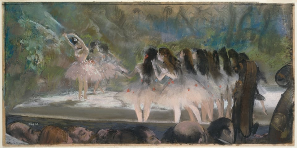 Color pastel drawing of ballerinas in tutus on stage, watched by audience.