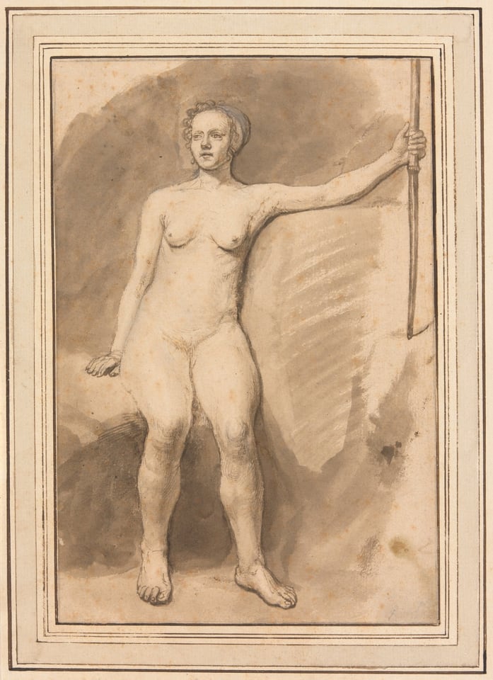 A work made of pen and brown ink and brush and brown wash, with traces of black chalk and opaque white watercolor, on cream laid paper, laid down on cream laid paper.