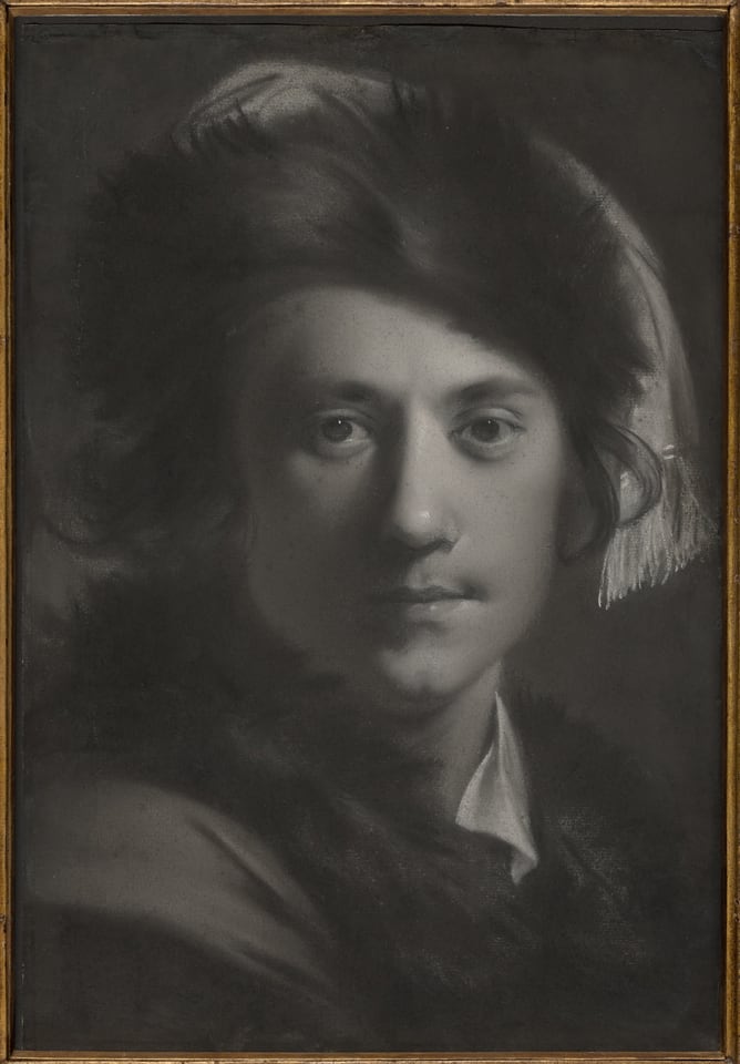 Black, gray pastel portrait of man in a fur hat.