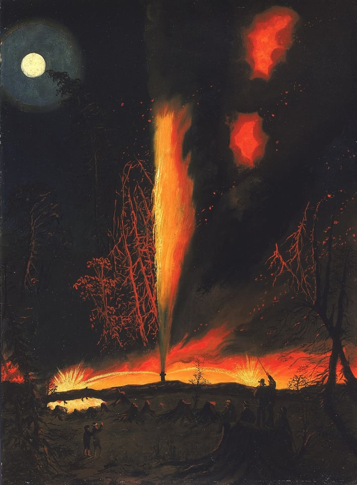 Burning Oil Well at Night, near Rouseville, Pennsylvania, by James Hamilton, ca. 1861