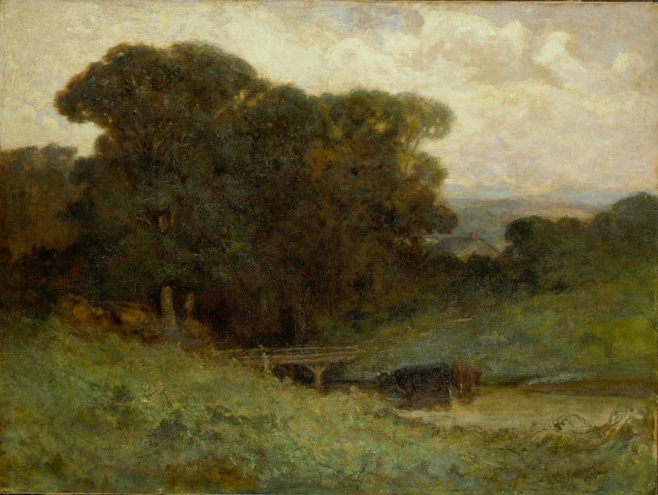 Untitled (forest scene with bridge, cows in stream in foreground), by Edward Mitchell Bannister, 1897