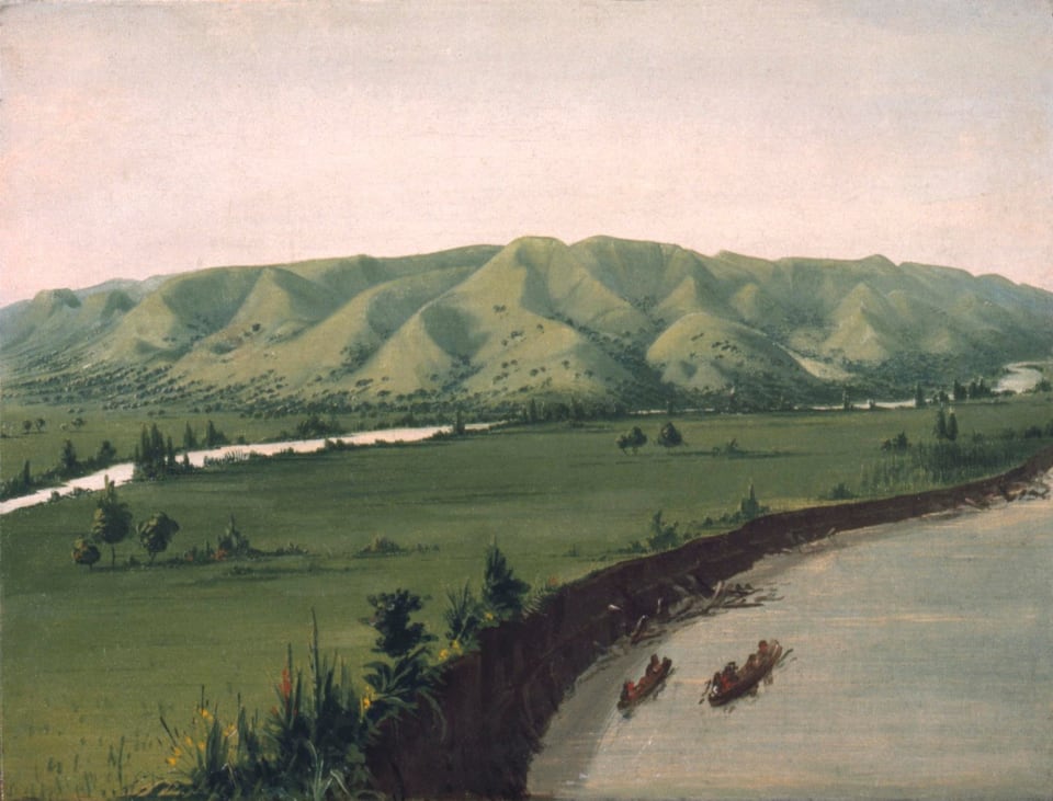 Nishnabottana Bluffs, 1070 Miles above St. Louis, by George Catlin, 1832