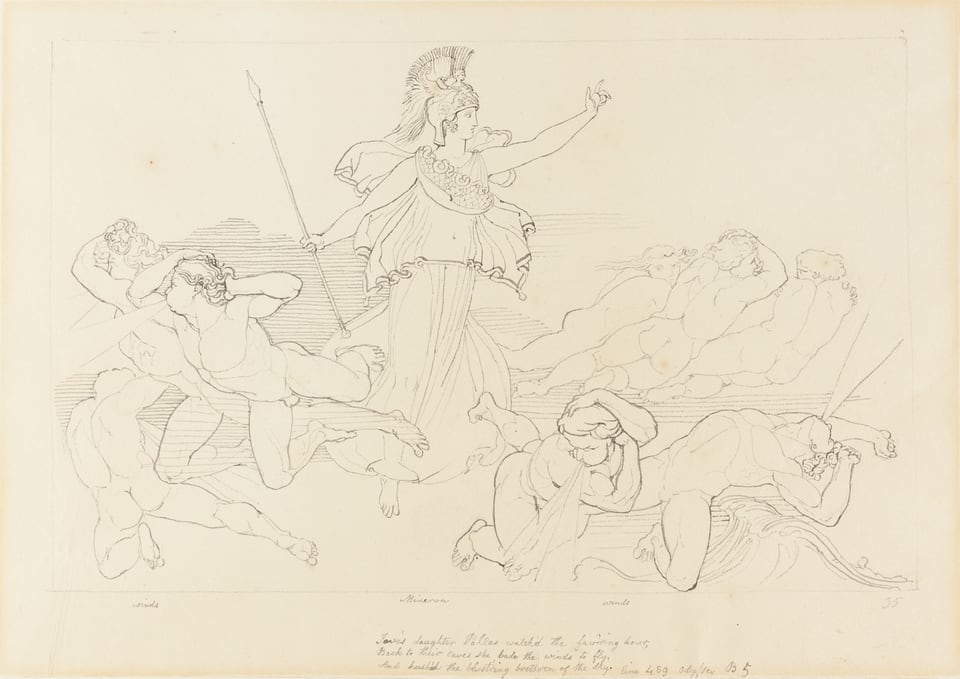 A work made of pen and black ink, over traces of graphite, on tan wove paper, laid down on cream wove paper.
