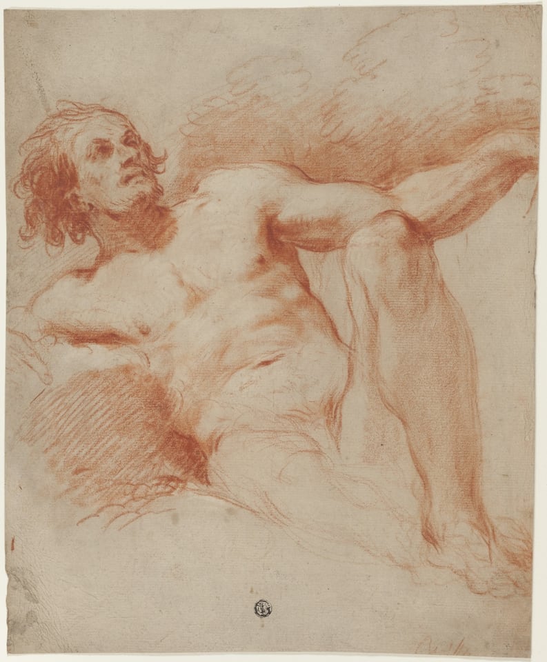 A work made of red chalk, with stumping, on tan laid paper.