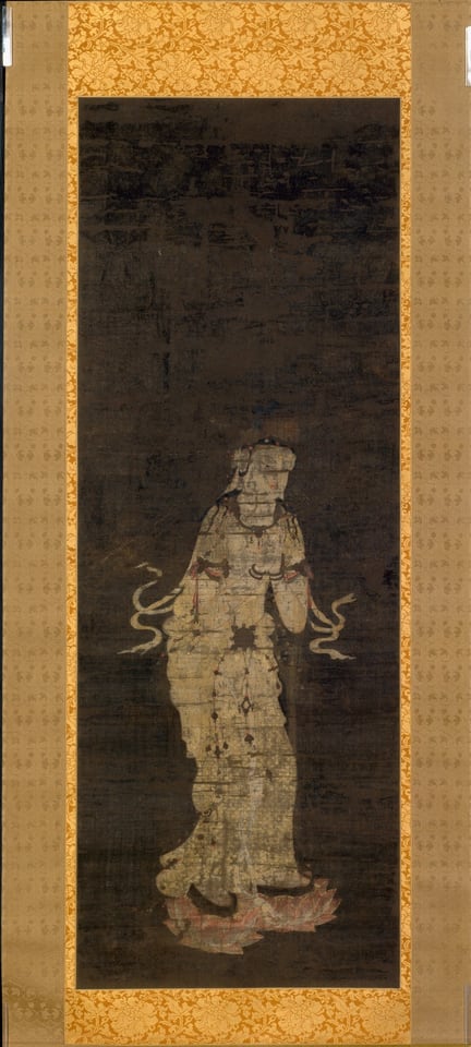 A work made of hanging scroll; ink, colors, and cut gold on silk.
