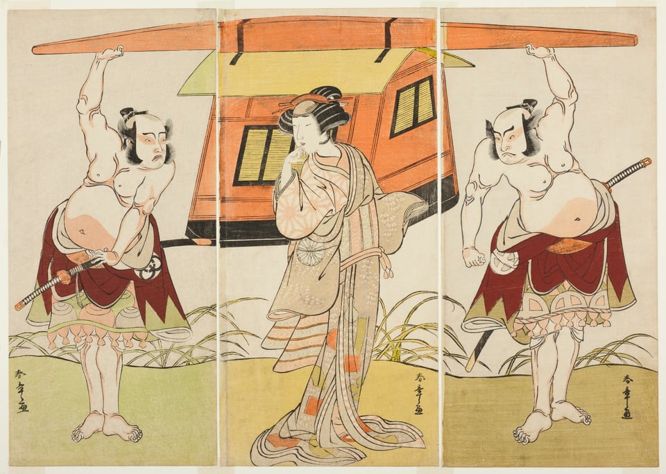 A work made of color woodblock print; hosoban; triptych.