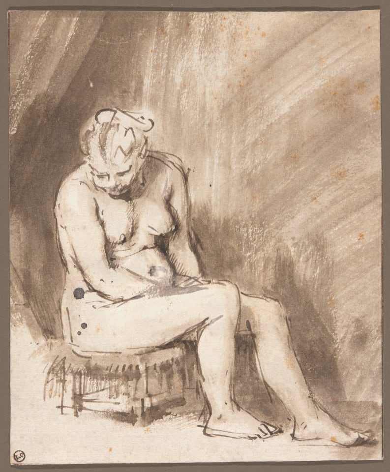 Brown-tone drawing of a nude woman seated on a small stool, looking downward.
