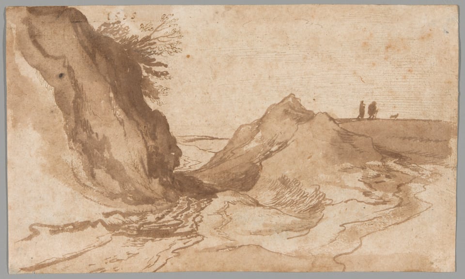 A work made of pen and brush and brown ink and brush and brown wash on ivory laid paper.