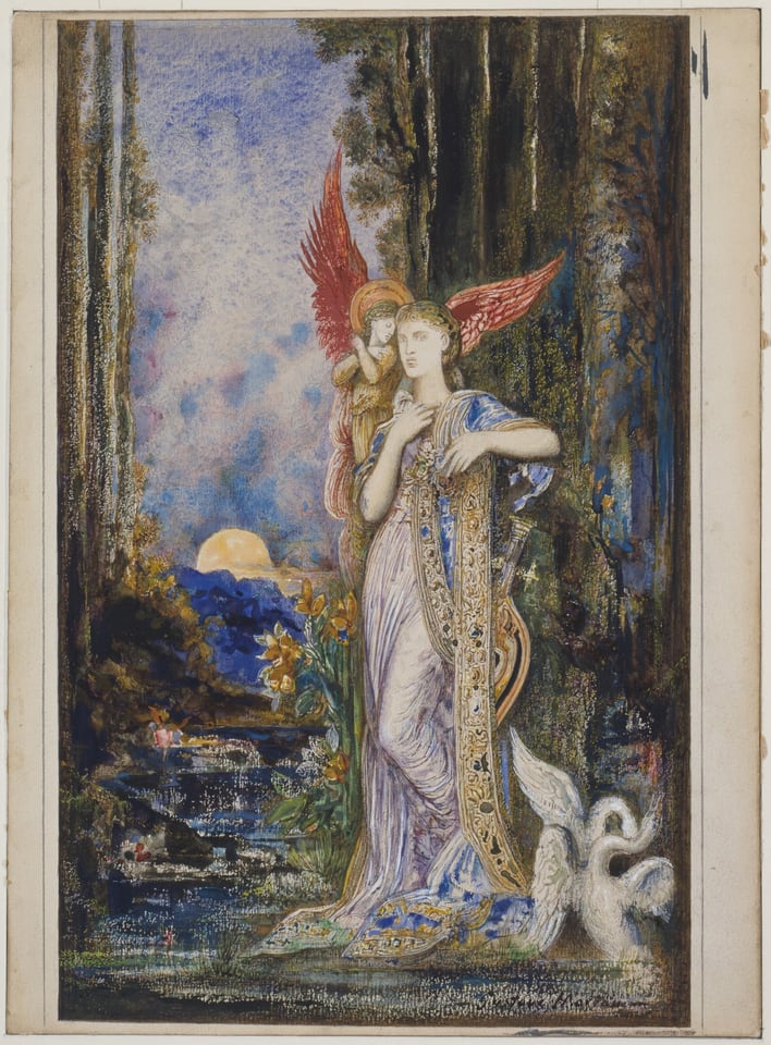 A work made of watercolor and gouache, with pen and blue ink, over traces of graphite, on ivory wove paper, wrapped and adhered on verso to wood pulp board.