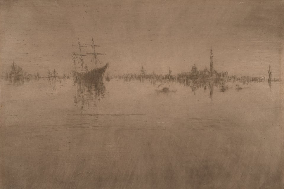 A work made of etching and drypoint in brown on cream laid paper.