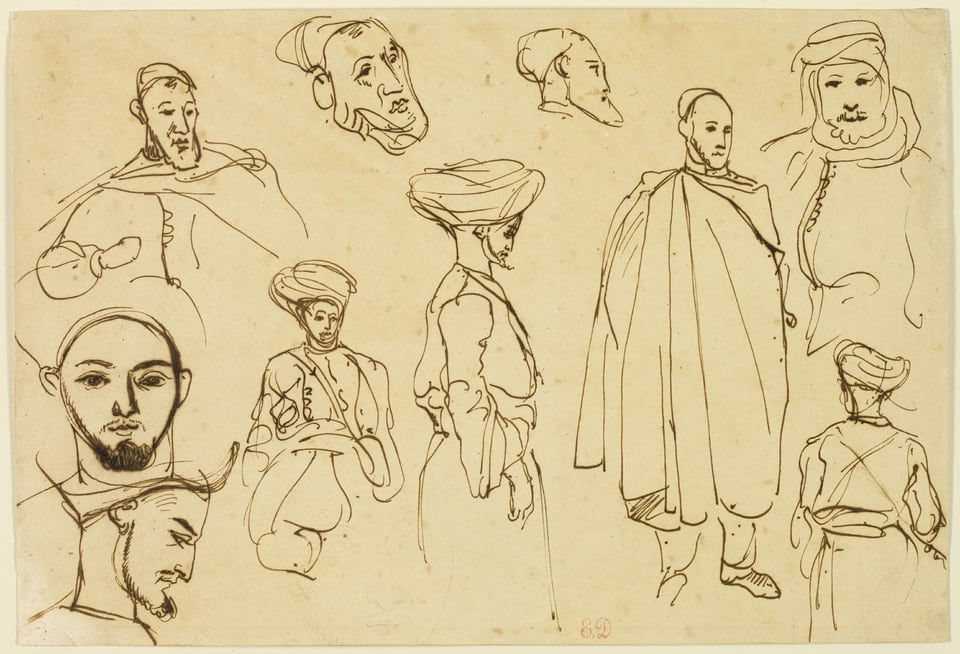 A work made of pen and brown ink, with traces of graphite, on tan wove paper, laid down on cream wove paper.