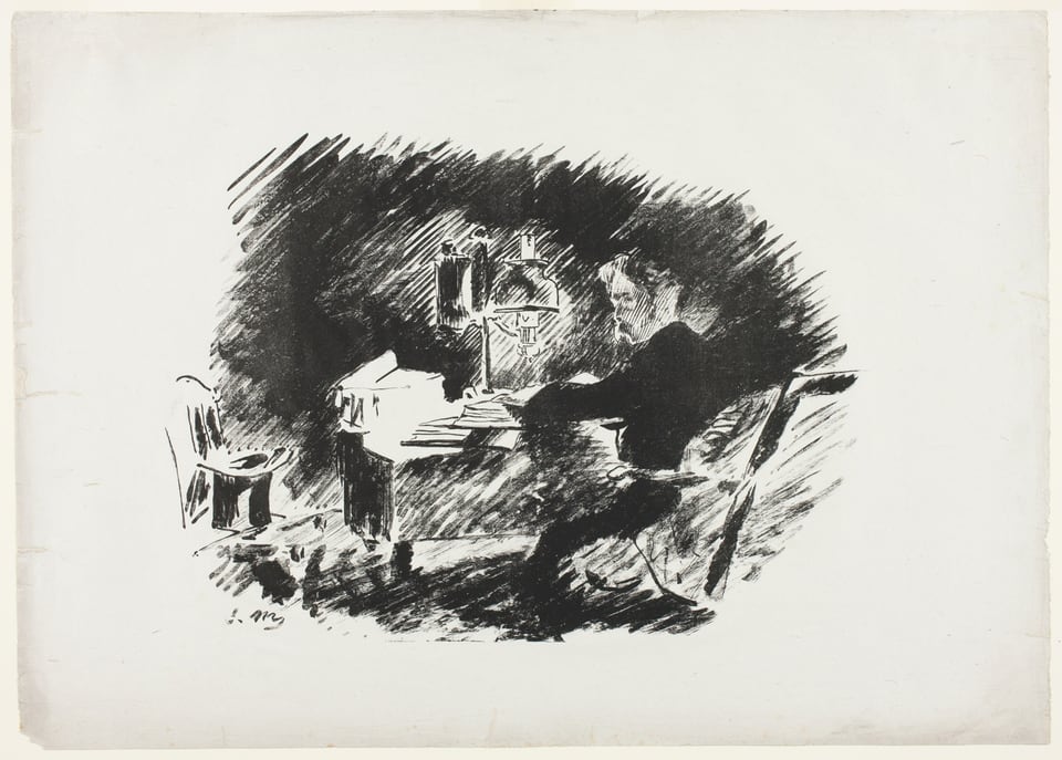 A work made of transfer lithograph in black on gray china paper.