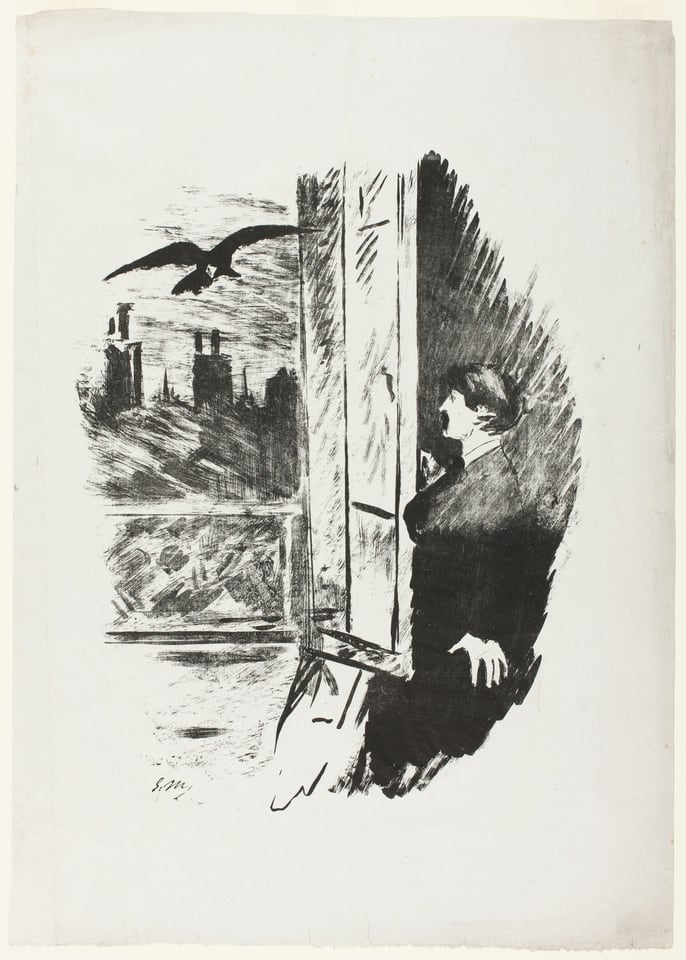A work made of transfer lithograph in black on gray china paper.