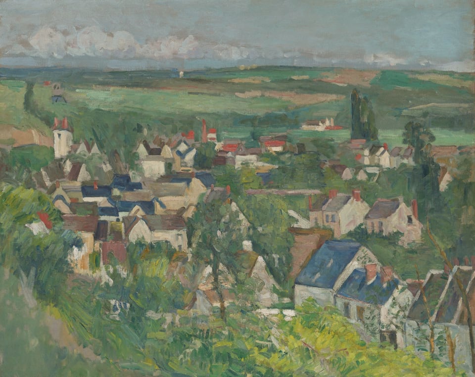 View of a village surrounded by hills, fields, and trees, shown from a vantage point above the scene. Subtly rolling hills recede into a bluish gray-ish sky punctuated by white clouds. Thick brushstrokes built up atop each other are visible throughout.