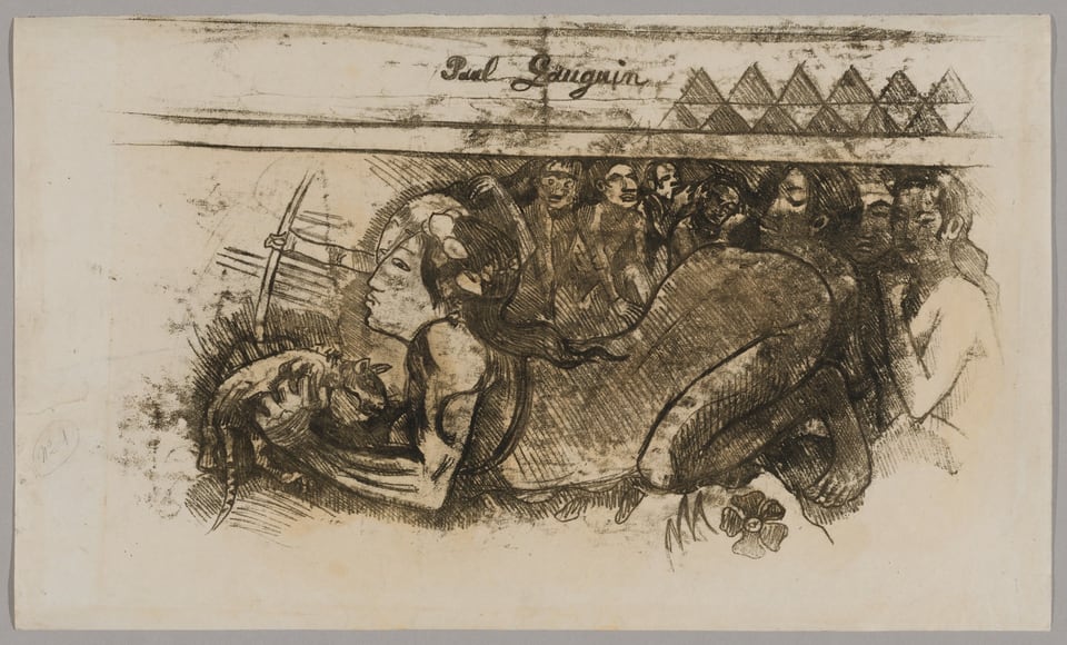 A work made of transfer drawing in brownish-black ink (recto); graphite and blue crayon pencil with brush and solvent washes in ocher on cream wove paper.