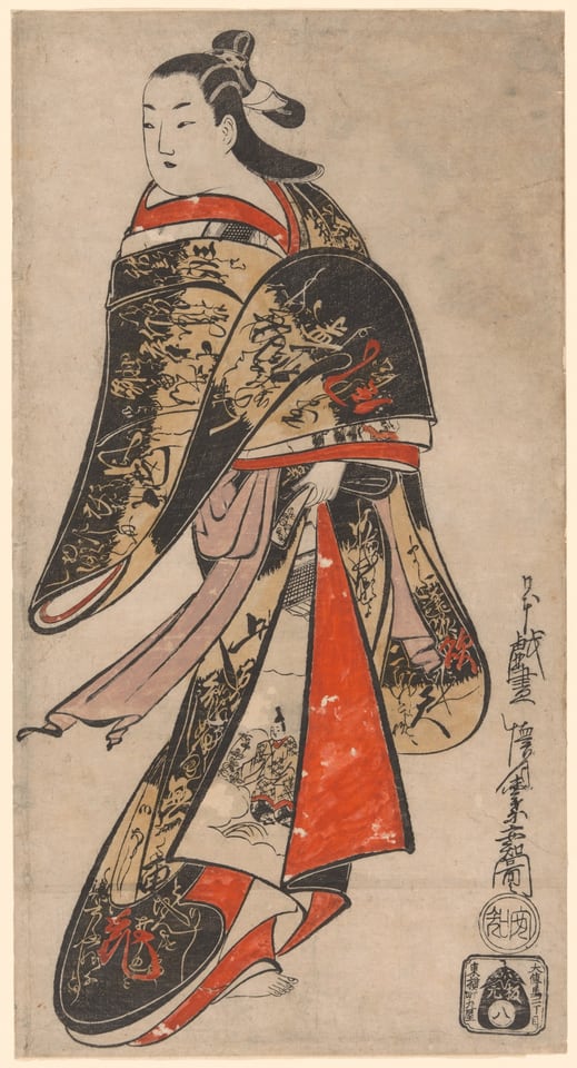 A work made of hand-colored woodblock print; tan-e, vertical o-oban.