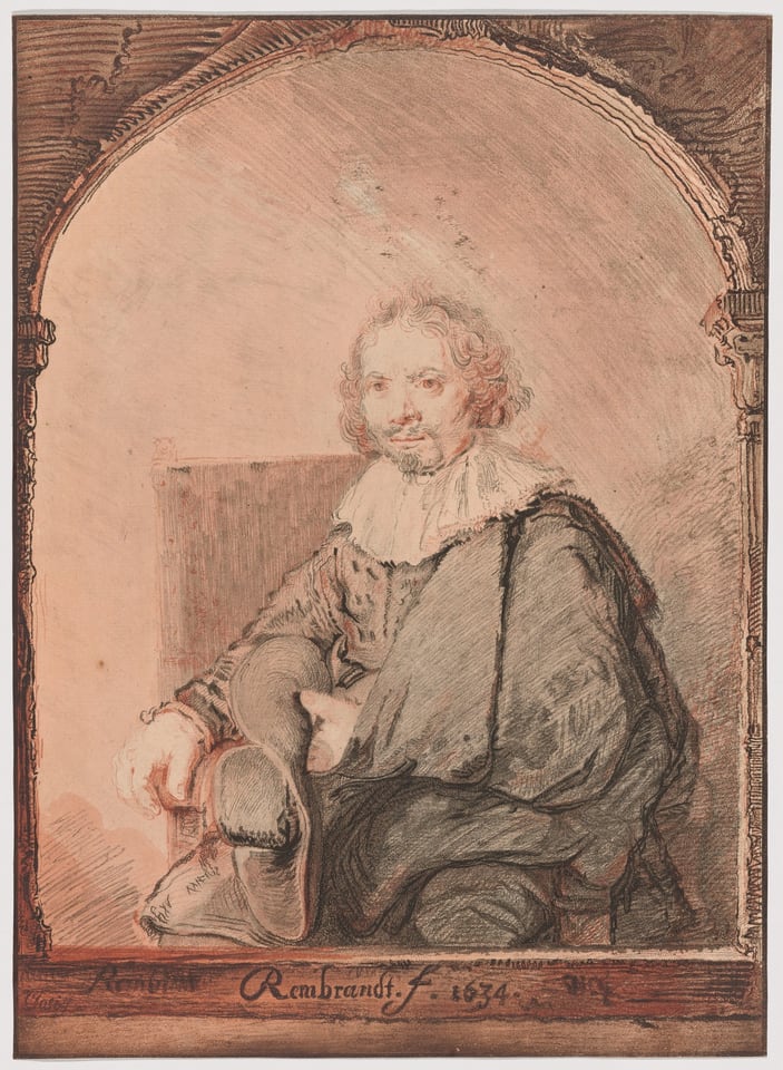 A work made of soft ground etching, hard ground etching, aquatint, and roulette, printed from two plates in red-brown and black, on ivory laid paper.