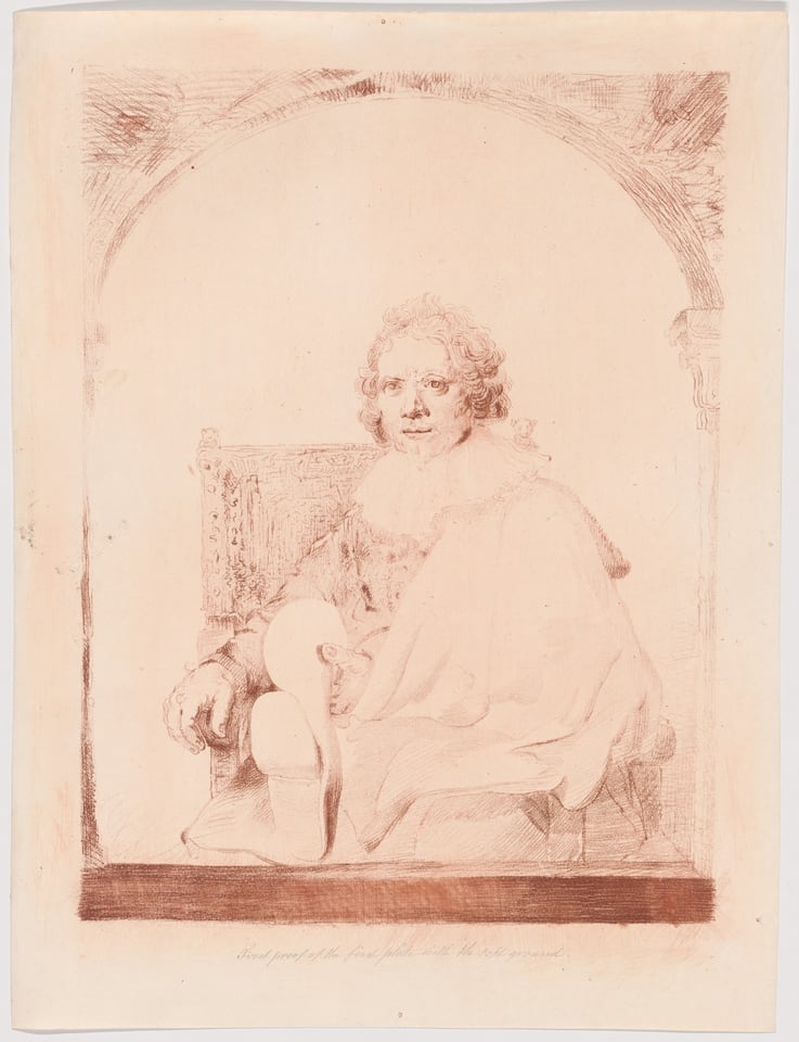 A work made of soft ground etching, with roulette, printed in red on white wove paper.