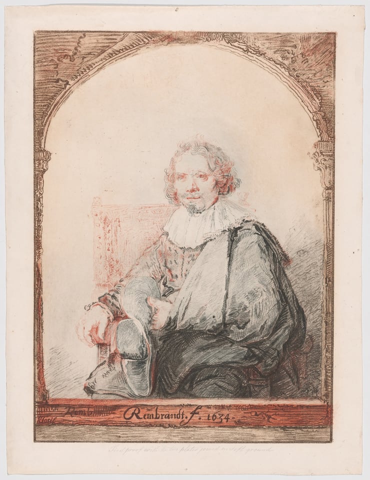 A work made of soft ground etching from two plates, with roulette, on paper.