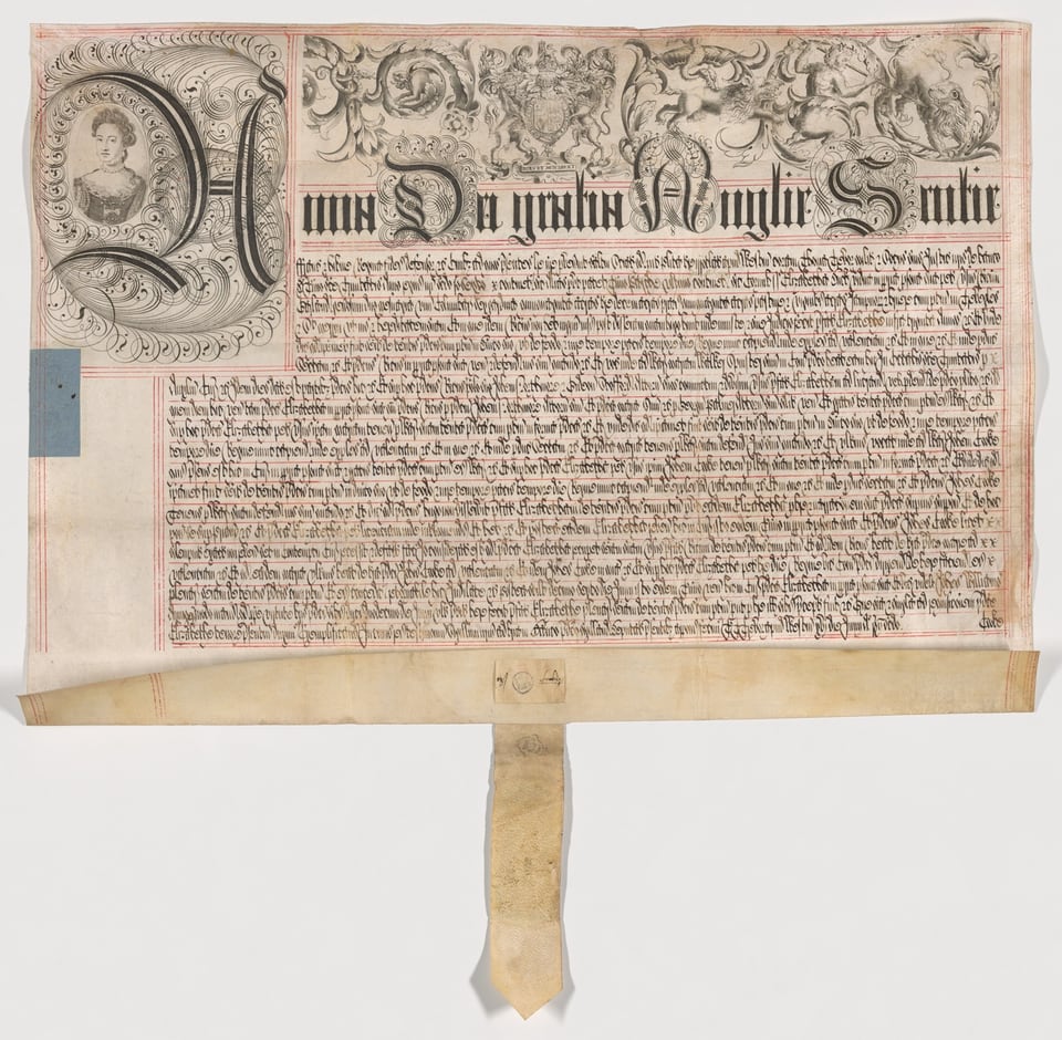 A work made of engraved letterhead, pen and ink calligraphy, and graphite ruling on parchment, folded with strap and (missing) seal.