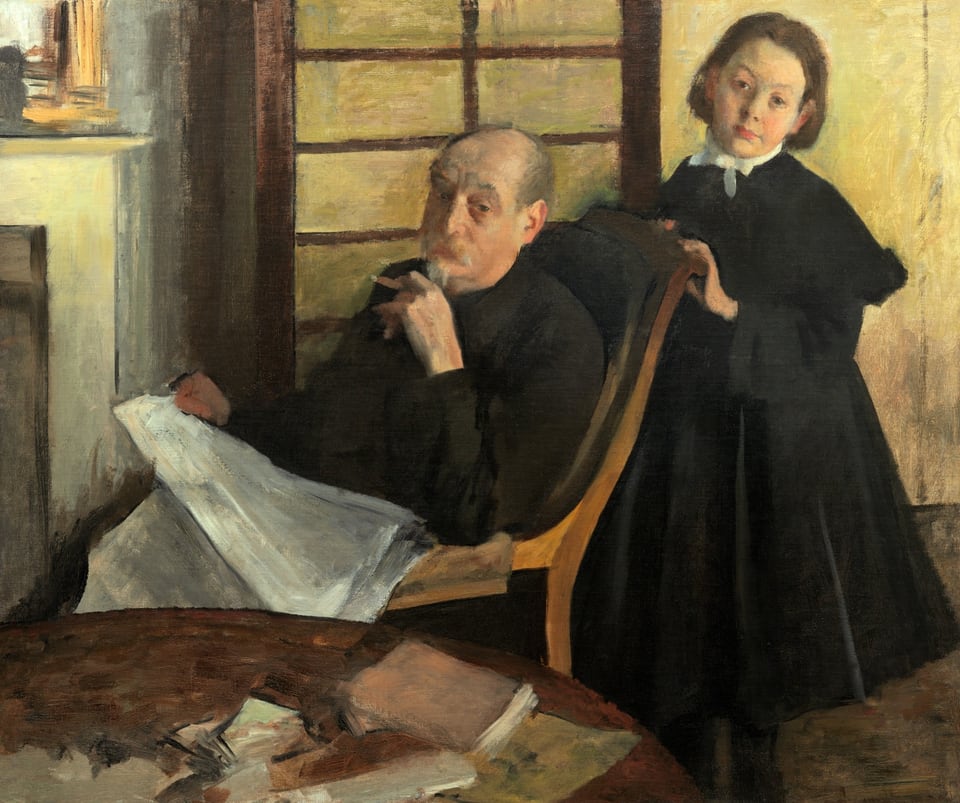 Impressionist painting of seated man, girl with brown, black hues.