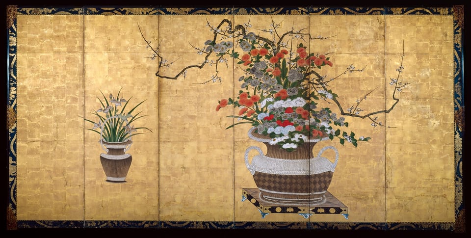 A work made of six-panel screen; ink, colors, and gold on paper.
