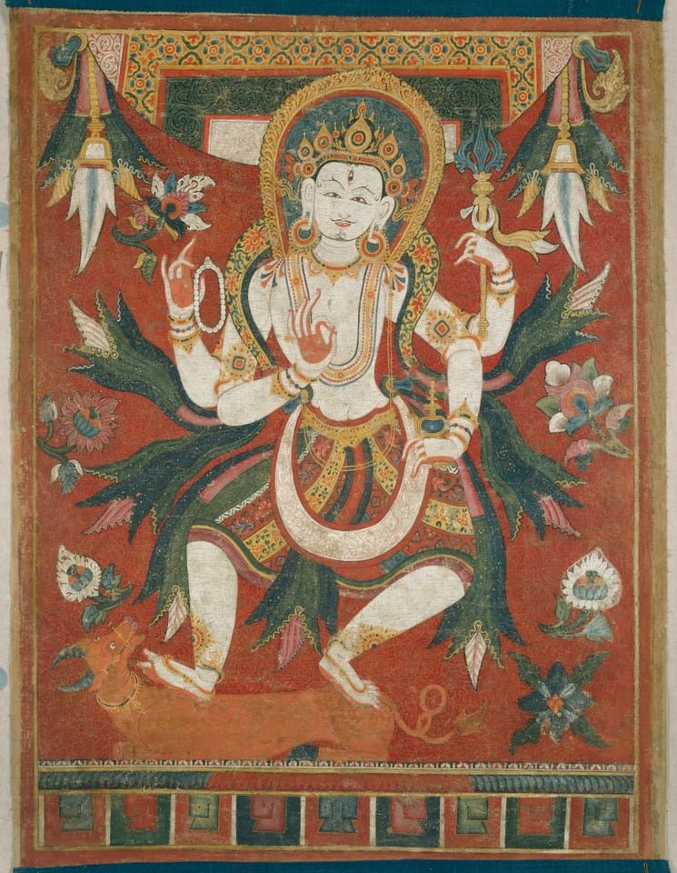 A work made of pigment and gold on cotton.