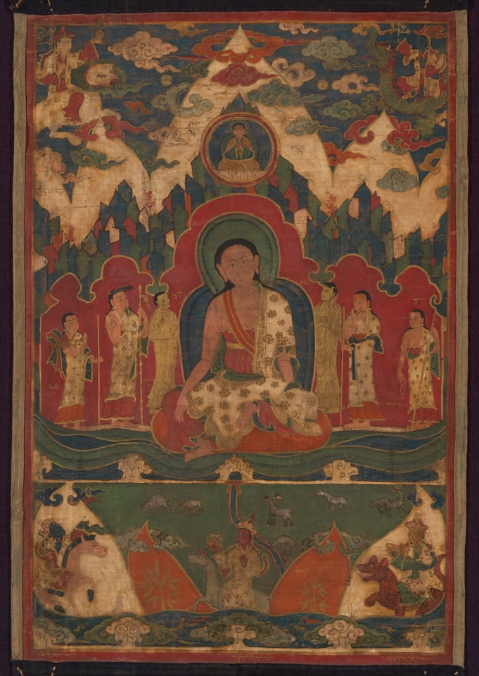 Vibrantly colored mythical scene depicting people, animals, and dragons in front of mountains.