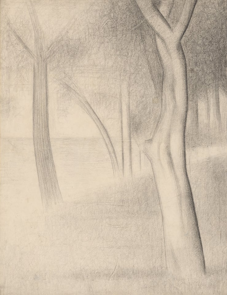 A work made of black conté crayon, on white laid paper, laid down on cream board.
