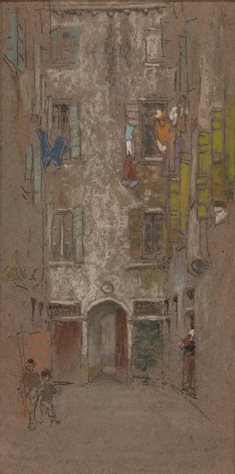 A work made of pastel and black chalk on brown wove paper with fibrous inclusions.