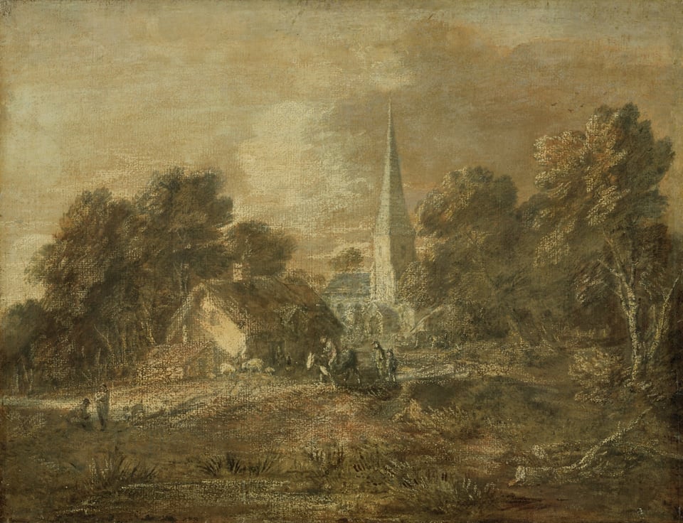 A work made of varnished gouache, over black and red chalks, on cream laid paper, laid down on canvas, stretched on a wooden stretcher and varnished again.