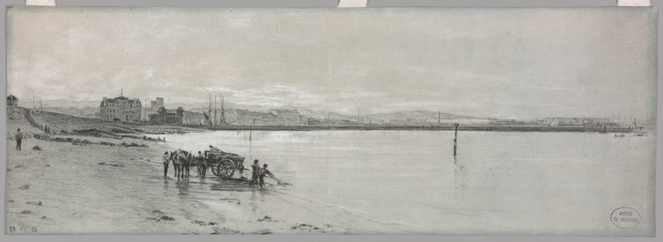 A work made of black and white chalk on blue wove paper.
